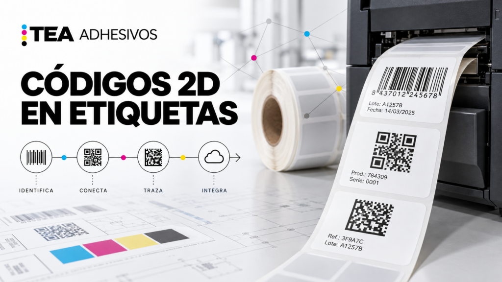 Etiqueta industrial con código 2D, código de barras y datos variables
