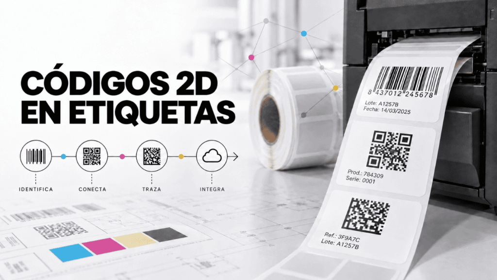 Impresora industrial con etiquetas de códigos de barras y códigos 2D para trazabilidad.