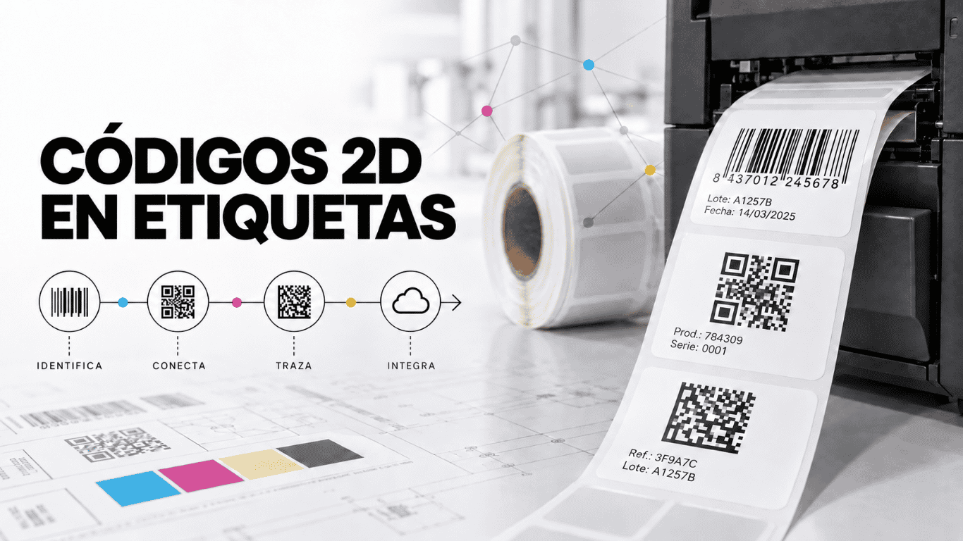 Impresora industrial con etiquetas de códigos de barras y códigos 2D para trazabilidad.