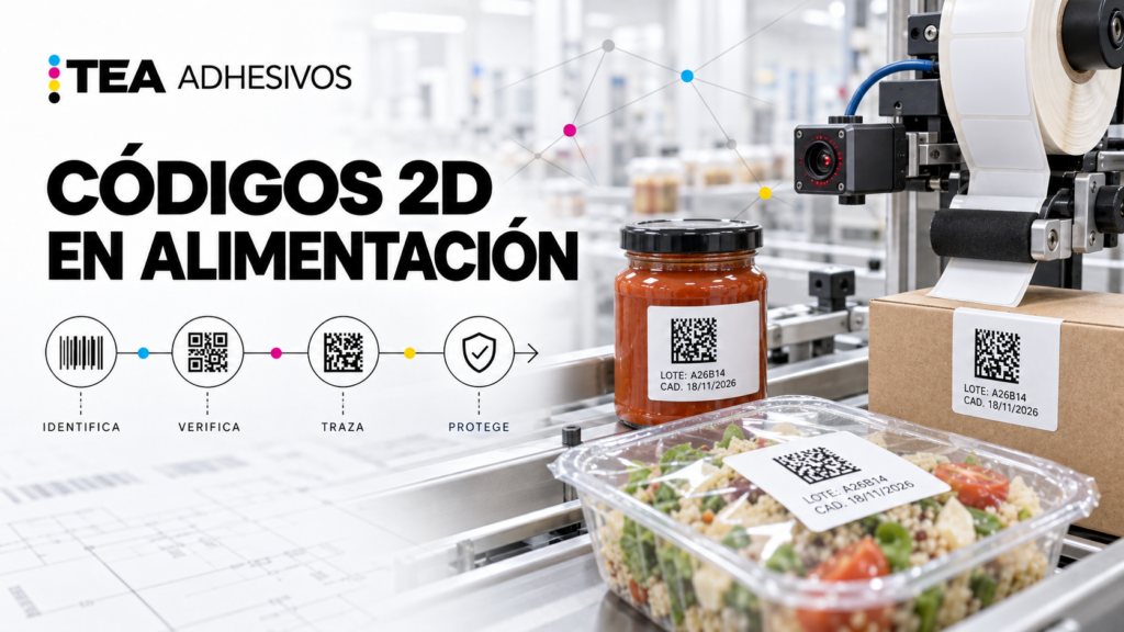 Etiqueta de producto alimentario con código 2D, lote y fecha de caducidad