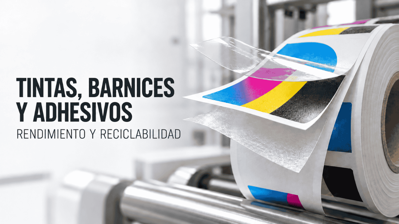 Rollo de etiquetas industriales con capas de tinta, barniz protector y adhesivo.